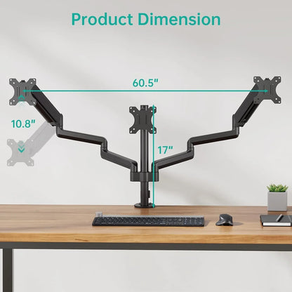 Black aluminium three-arm gas spring monitor holder mounted on a desk edge.