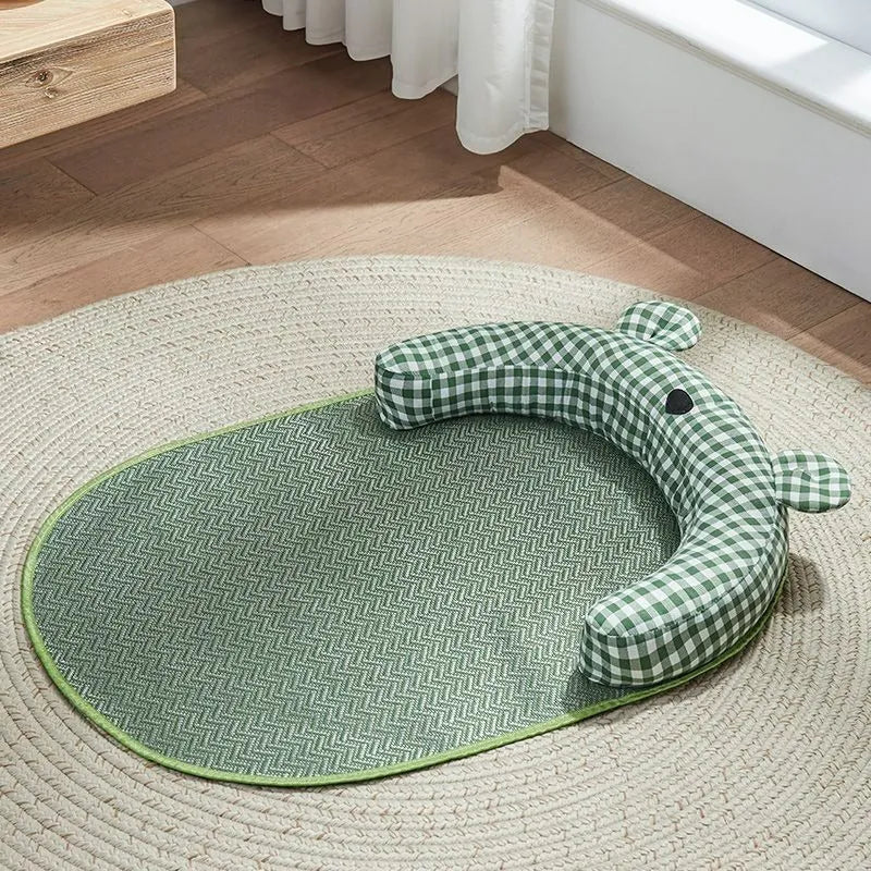 Green and yellow four seasons universal pet mat with cooling pad in four sizes for small to extra large dogs and cats.
