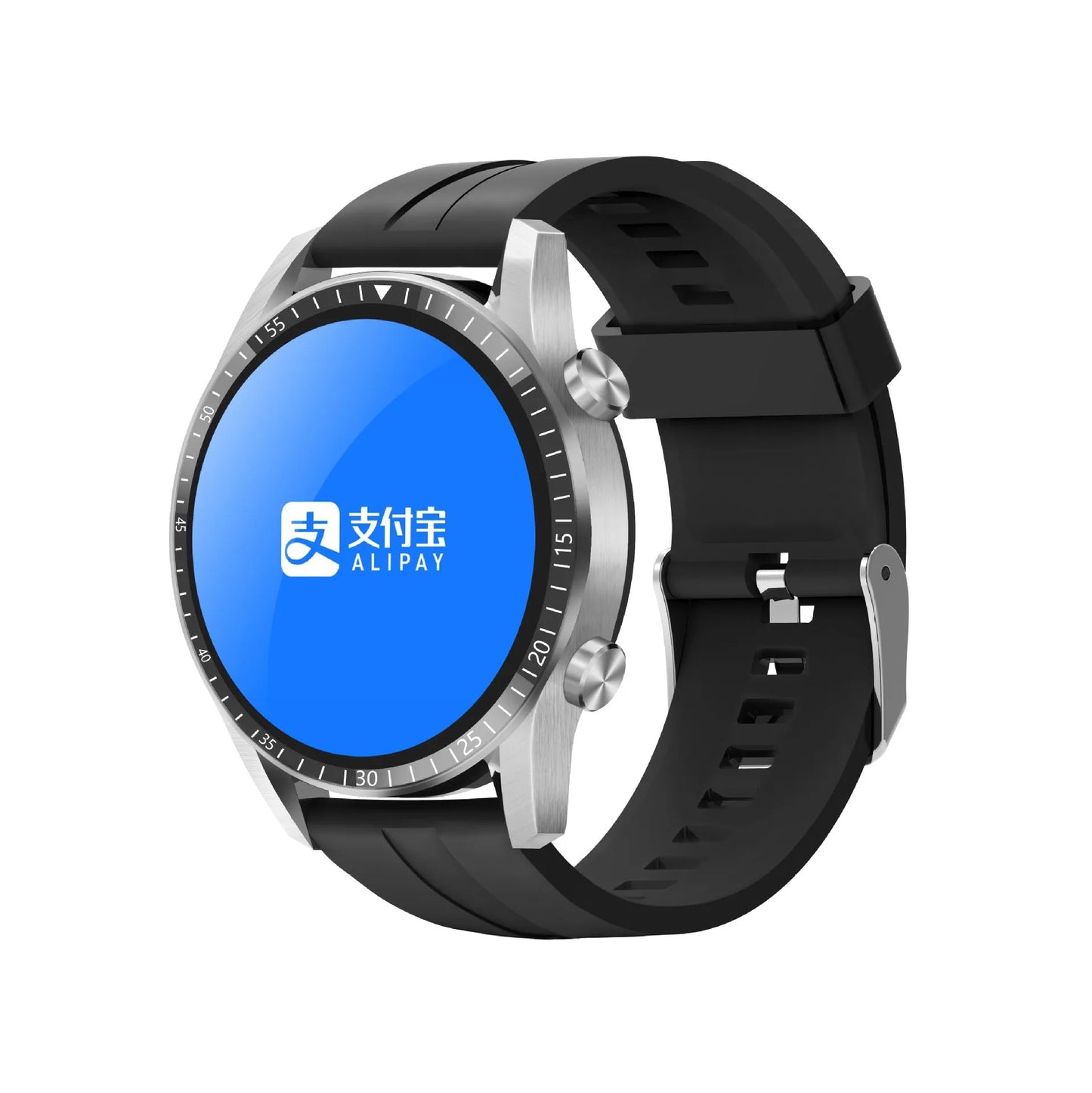 Round smartwatch with aluminium alloy case on wrist, showing interface with heart rate data.