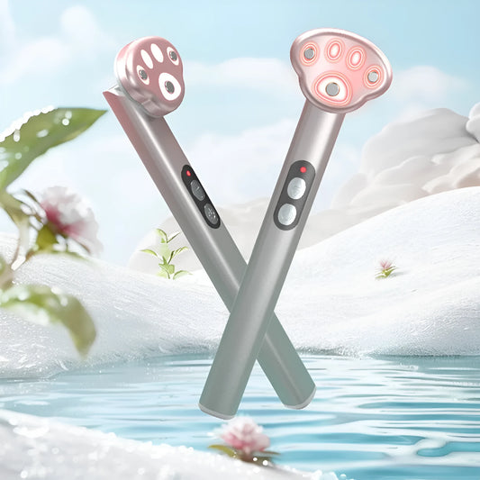 Gradient pink cat's paw shaped eye massager with micro-current vibration and colour light functions