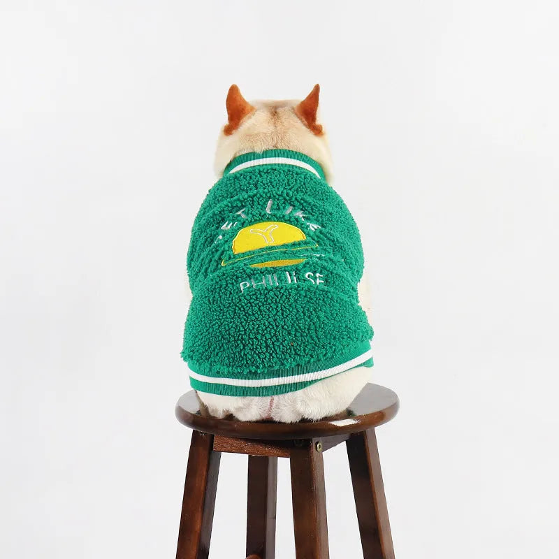 Green cotton dog winter coat with fleece lining, shown in a large size.