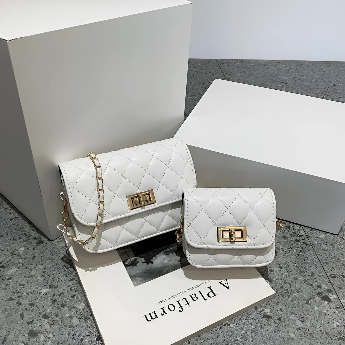 Women's PU shoulder messenger bag with diamond chain and sewing thread trim, black or beige, large 18cm or small 12cm