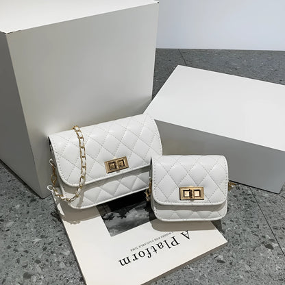 Women's PU shoulder messenger bag with diamond chain and sewing thread trim, black or beige, large 18cm or small 12cm