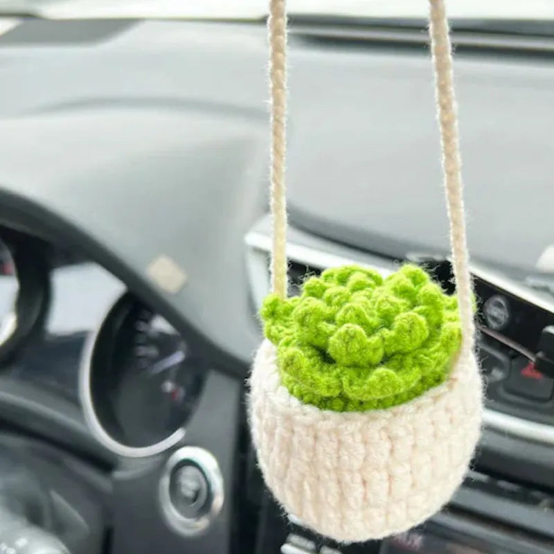 Green and white knitting wool car plant decoration with 8cm base and 25cm hanging rope