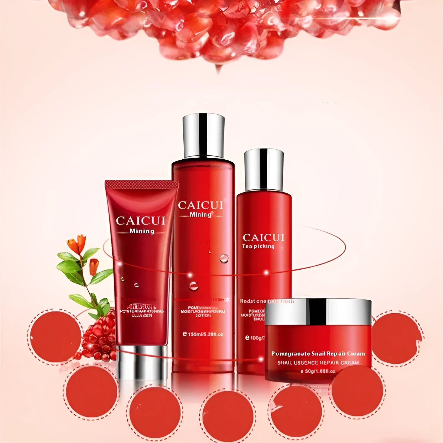 Pomegranate skincare set with four red packaged products for oily and combination skin