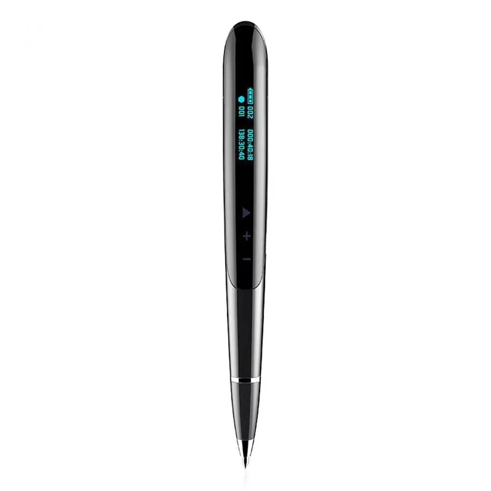 Black digital recording pen with OLED display screen showing recording time, next to included headphones and USB cable.