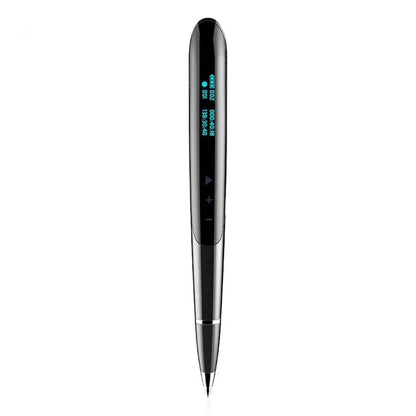 Black digital recording pen with OLED display screen showing recording time, next to included headphones and USB cable.