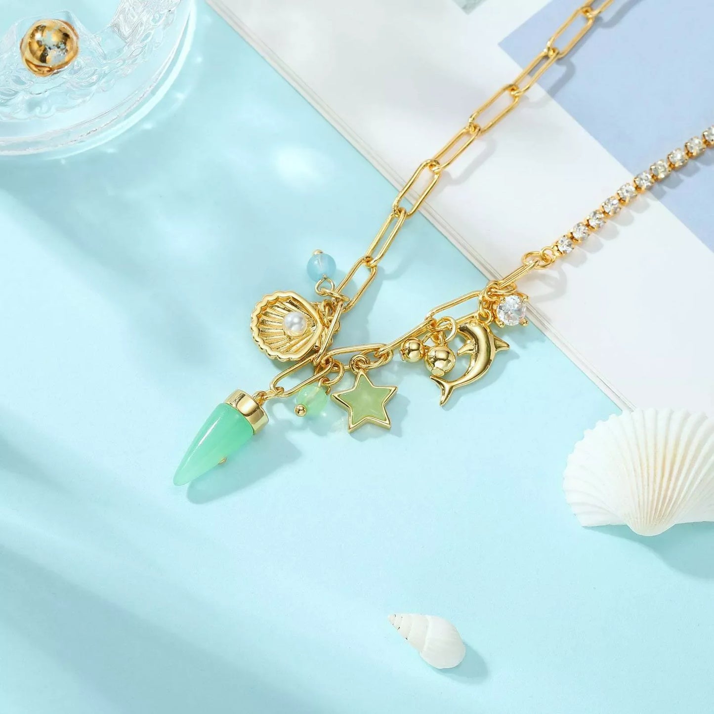 Copper-plated real gold star and moon rhinestone necklace for women