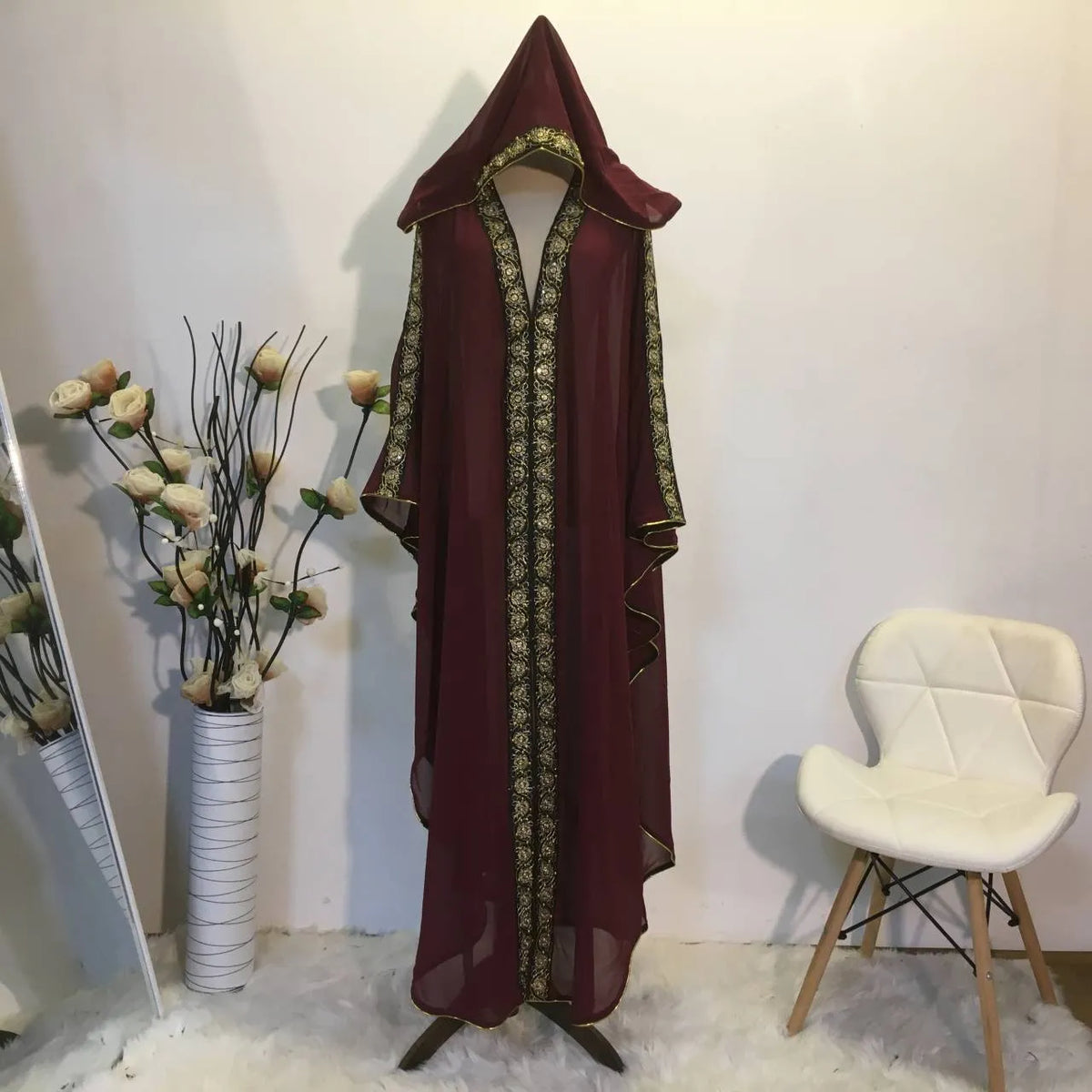 Loose chiffon Muslim robe dress in green, black, red, dark red, or blue, one size, for modest wear