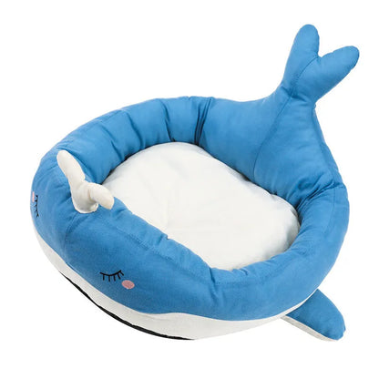 Blue duck shape fluffy pet bed sofa for small dogs and cats on a wooden floor