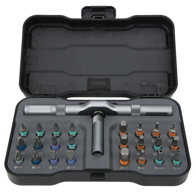 24-in-1 Ratchet Screwdriver Set with S2 alloy steel bits and compact handle