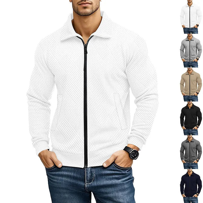 Men's casual waffle texture jacket with turn-down collar in solid colour