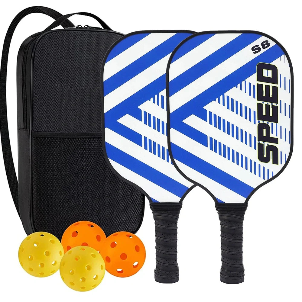 Peak Racket fibreglass squash set showing two rackets and four balls for complete playing equipment