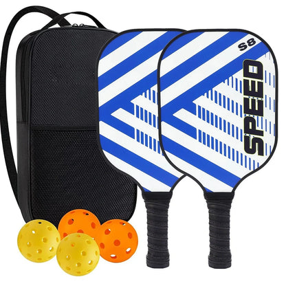 Peak Racket fibreglass squash set showing two rackets and four balls for complete playing equipment