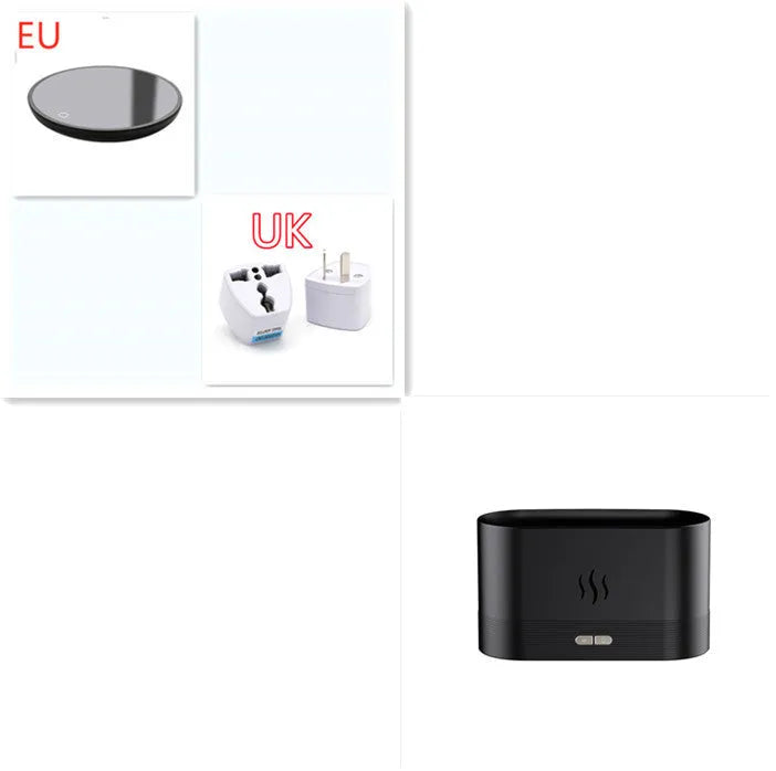 Square black aroma diffuser with flame light effect and mist output, 75x75x137mm