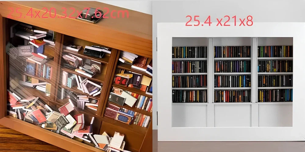 Wooden antique finish bookshelf ornament with 200 small books, 25.4 cm tall for decompression