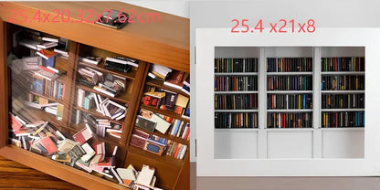 Wooden antique finish bookshelf ornament with 200 small books, 25.4 cm tall for decompression