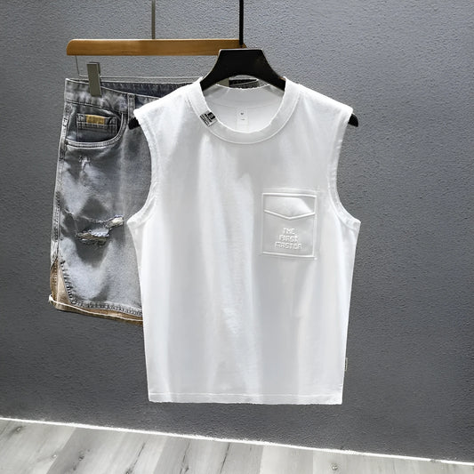 Men's solid colour loose fit cotton sleeveless t-shirt on a hanger, shown in white and black.