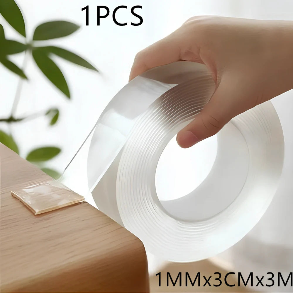 Transparent double-sided tape with 1mm thickness and 3cm width, showing nano-adsorption surface