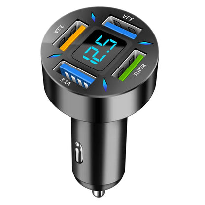 Four-port USB car charger with LED digital display showing voltage, compact black design for vehicle power socket
