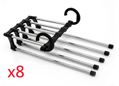 Five-boom stainless steel wardrobe hanger for trousers showing both level and vertical hanging methods