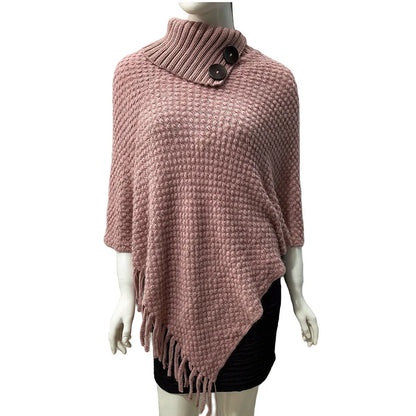 Sleeveless polka dot shawl in apricot colour draped over chair, showing 150cm length and acrylic fibre texture