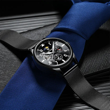 Men's black mechanical watch with moon phase indicator and luminous hands on alloy case