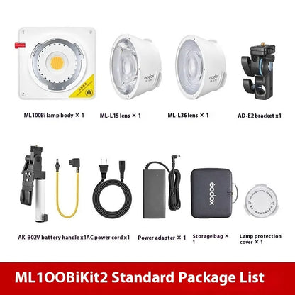 Shenniu ML100Bi 200W LED photography fill light with lenses, battery handle, and accessories on a studio table.