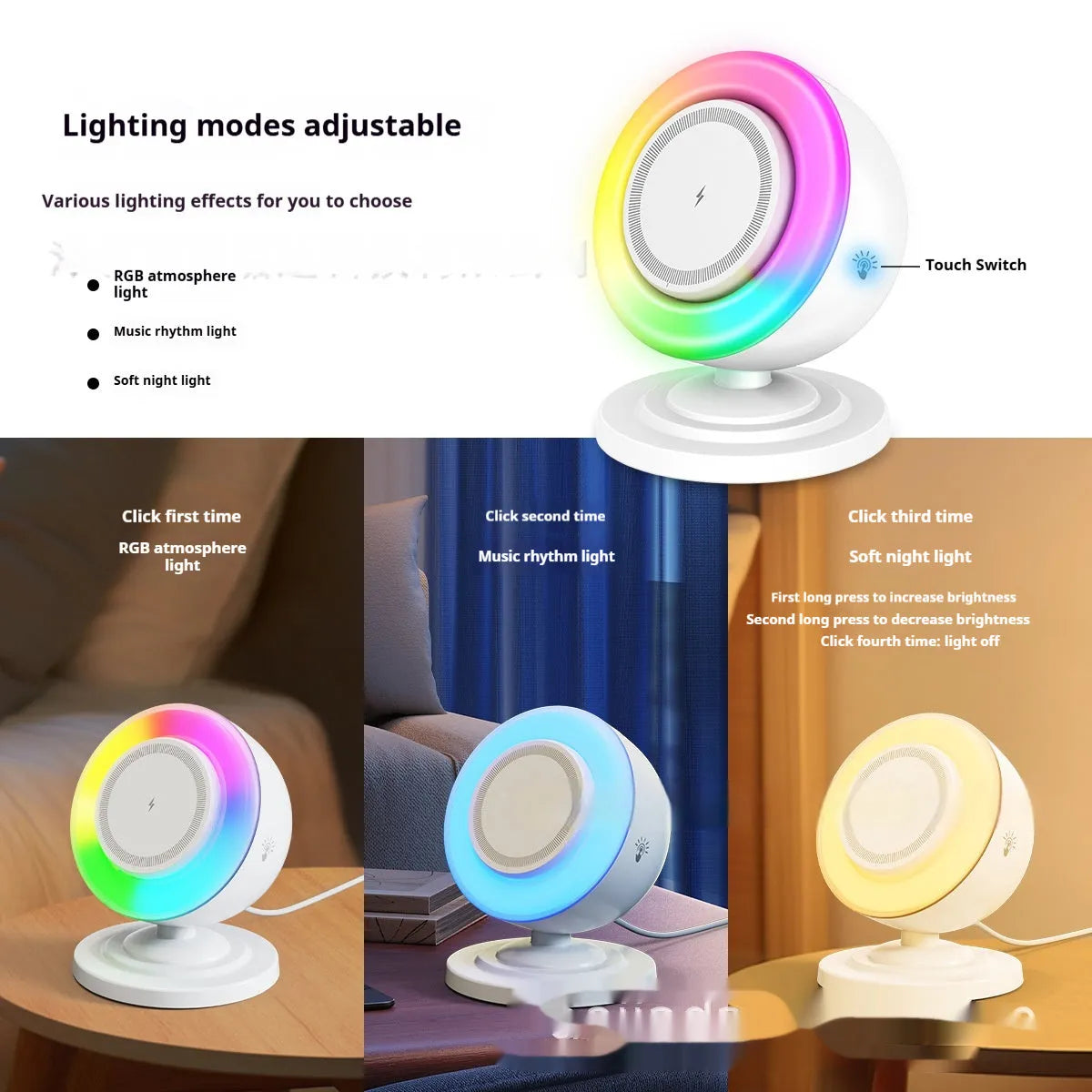 Three-in-one wireless charger with Bluetooth audio and coloured lights, 15W, in black or white