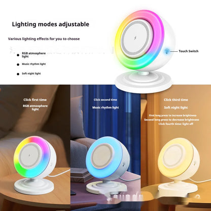 Three-in-one wireless charger with Bluetooth audio and coloured lights, 15W, in black or white