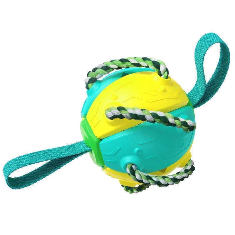Transforming dog toy that can switch between a ball and frisbee shape, featuring durable construction and interactive play features