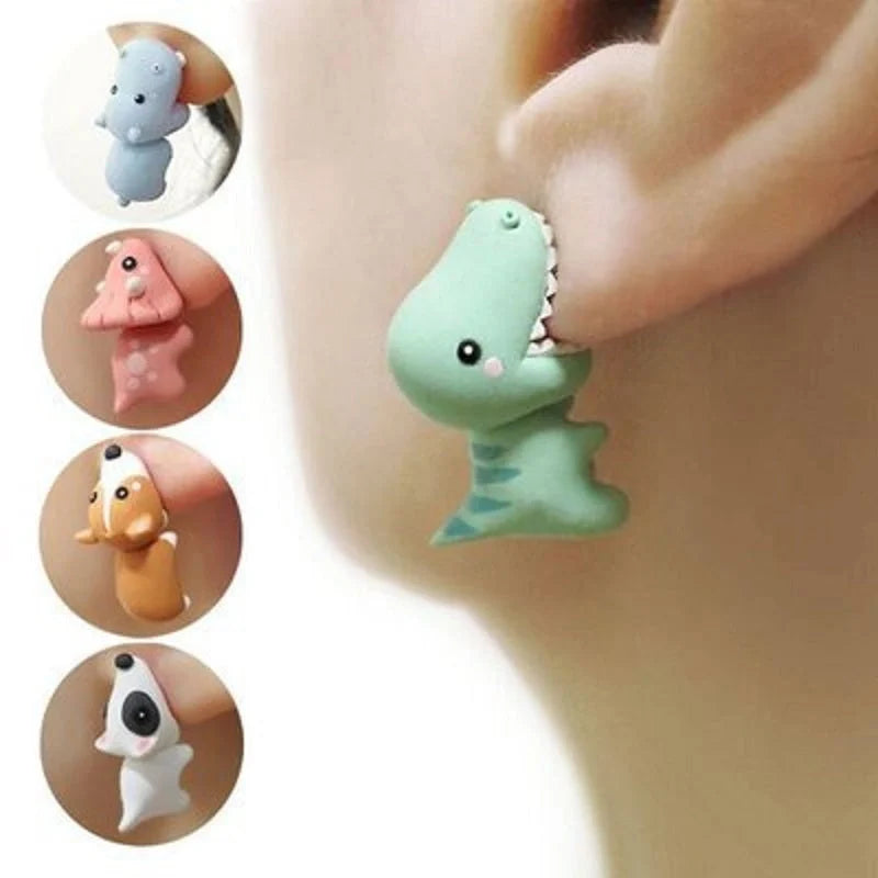 Funny animal bite earrings featuring dinosaur and whale designs in various colors
