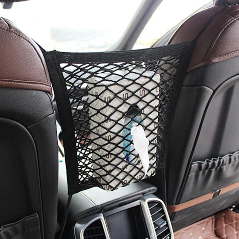Expandable car seat organizer made of stretchy polyester mesh, with safety hooks for easy installation between driver and passenger seats