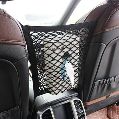 Expandable car seat organizer made of stretchy polyester mesh, with safety hooks for easy installation between driver and passenger seats
