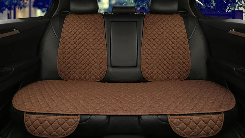 Flax linen car seat cover protector in beige, black, red and brown, with cushion and five-seat style options.