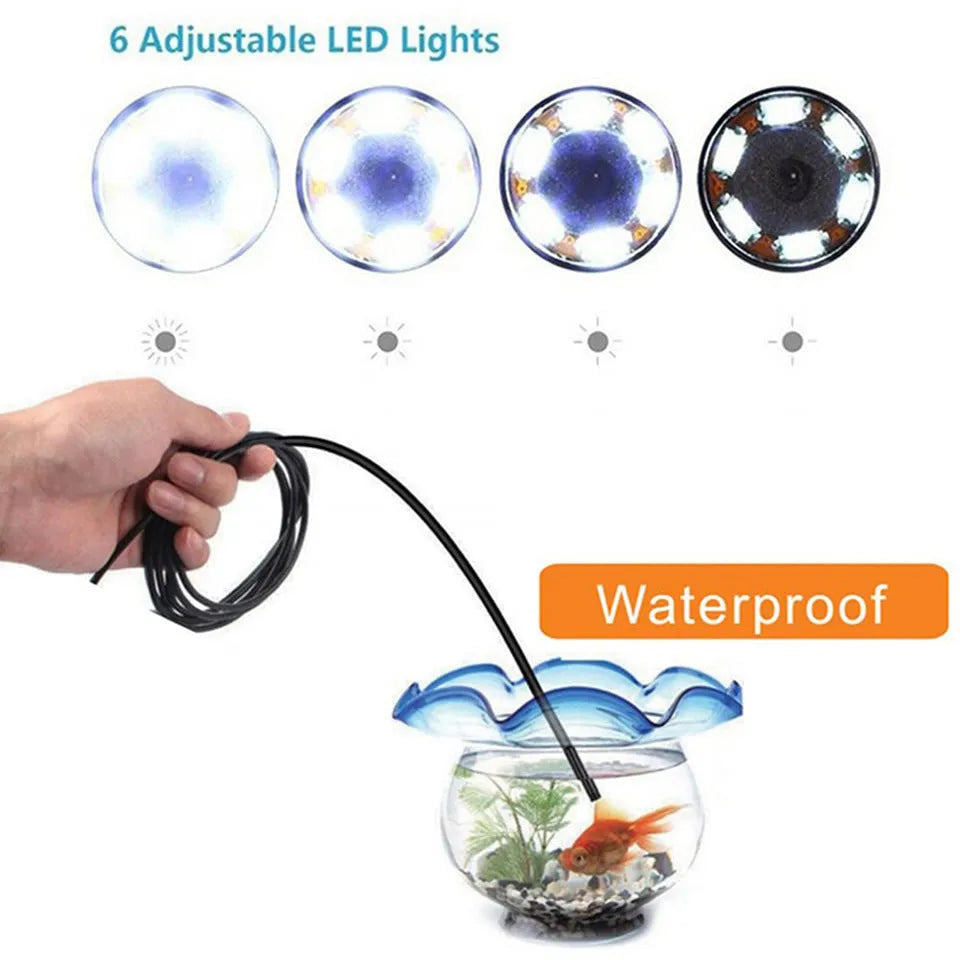 Three in one Type-C USB Android endoscope with 5.5mm probe, side mirror, hook, and magnet attachments on white background