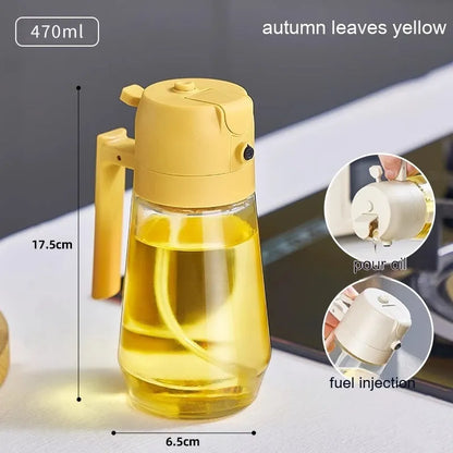 470ml glass olive oil sprayer and pour bottle with ergonomic handle in beige, yellow, green, and black colour options.