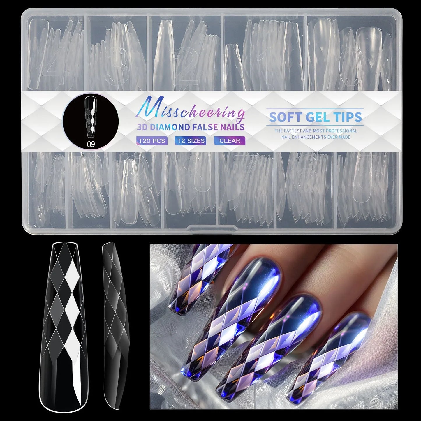 Box of 3D diamond-shaped long false nail tips in a chosen colour from the Diamond Nail range.