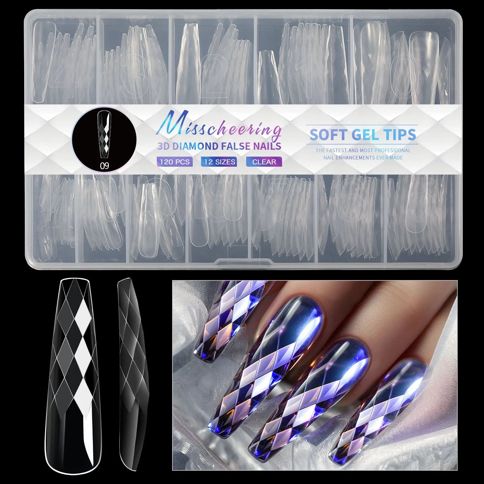Box of 3D diamond-shaped long false nail tips in a chosen colour from the Diamond Nail range.