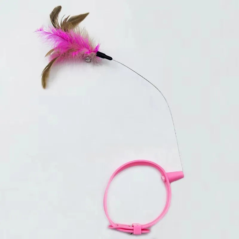 Blue adjustable cat collar toy with silicone teasing wand and feather teaser attachment for interactive play