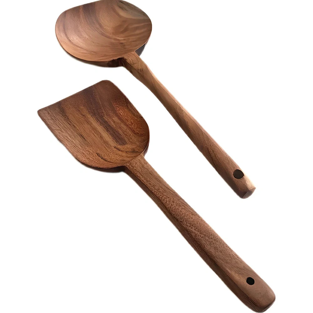 Korean teak wood cooking shovels set with three distinct designs for kitchen use