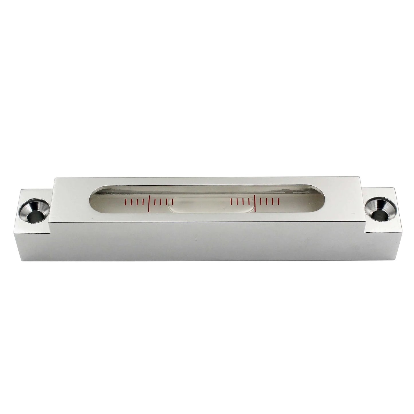 Metal and glass mini strip level showing 132mm length with clear 500 blister vial for precise measurement