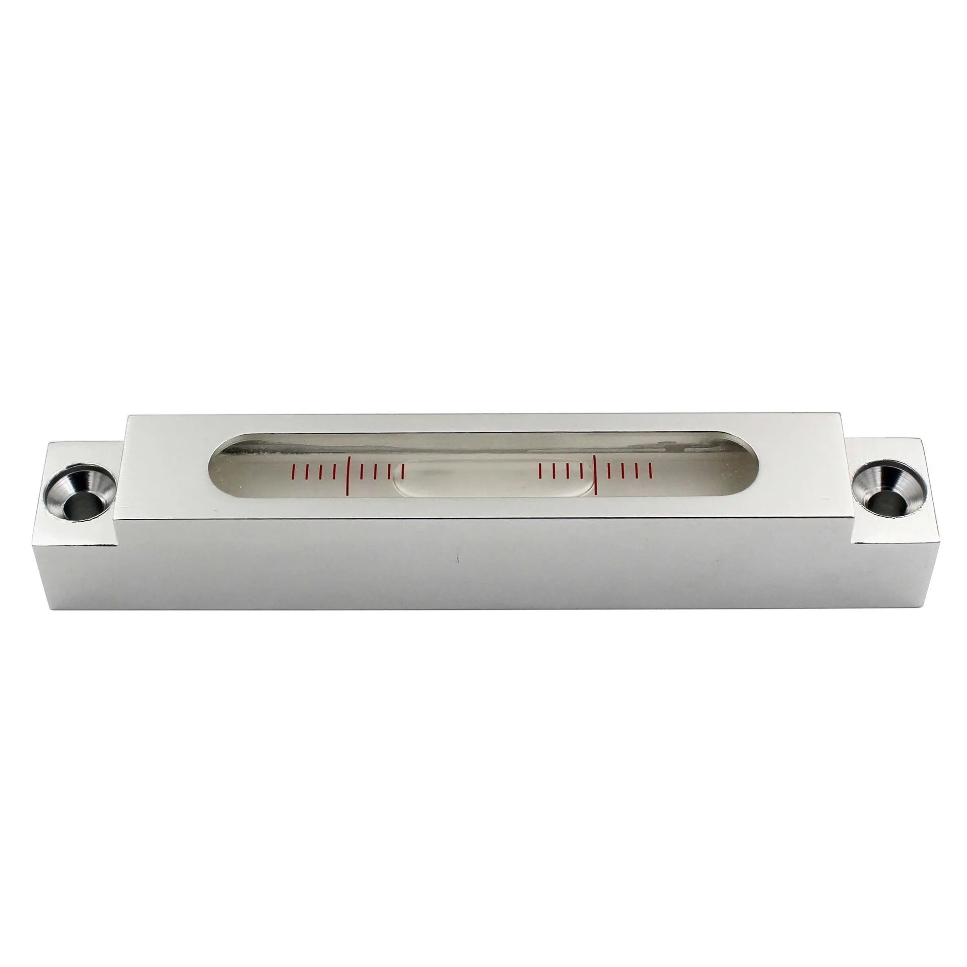 Metal and glass mini strip level showing 132mm length with clear 500 blister vial for precise measurement