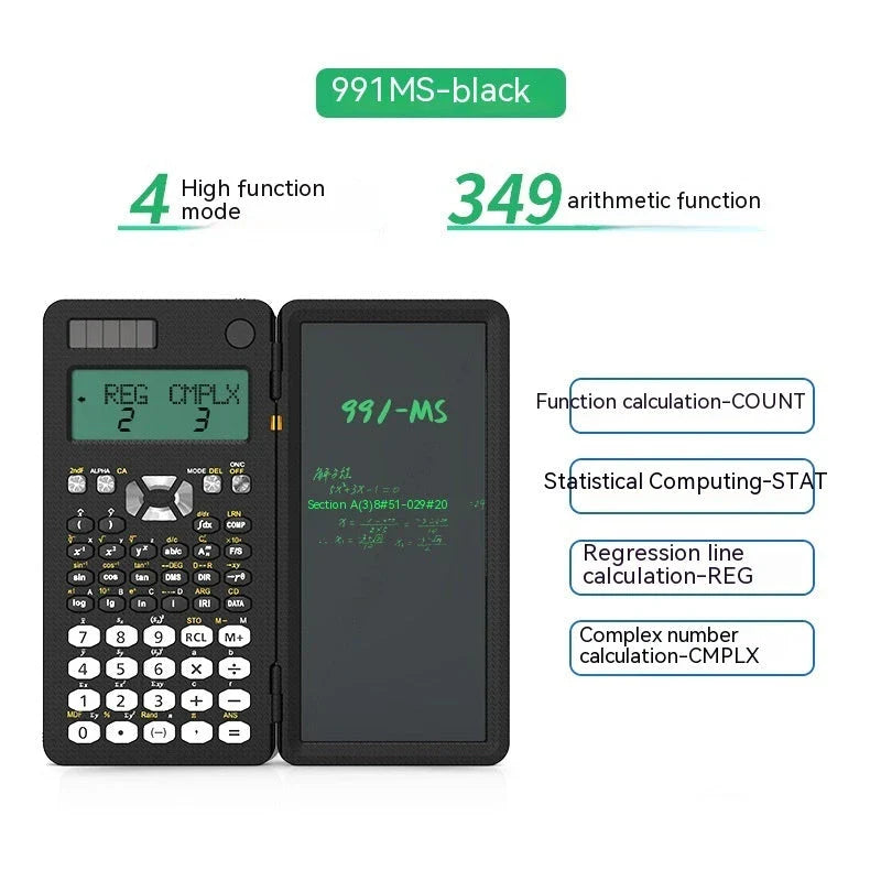 Ergonomic 2-in-1 scientific calculator with foldable writing pad, blue LCD screen, and compact design
