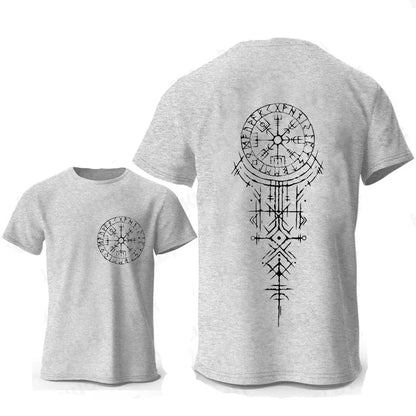 Men's grey T-shirt with a large black Viking rune compass graphic printed on the chest.