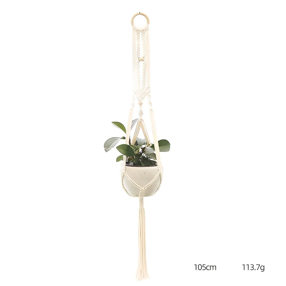 Hand-knitted cotton flowerpot net bag showing mesh pattern and hanging installation