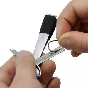 Stainless steel fishing pliers with black ABS plastic handle and quick knot tool