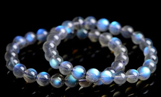 Natural cream body blue moonlight crystal bracelet with grinding texture, unisex design, sizes 4mm to 10mm