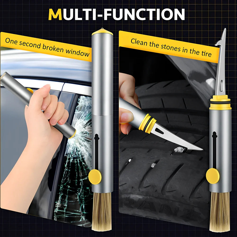 17.2cm dark green car cleaning brush with tyre hook and window breaker tools