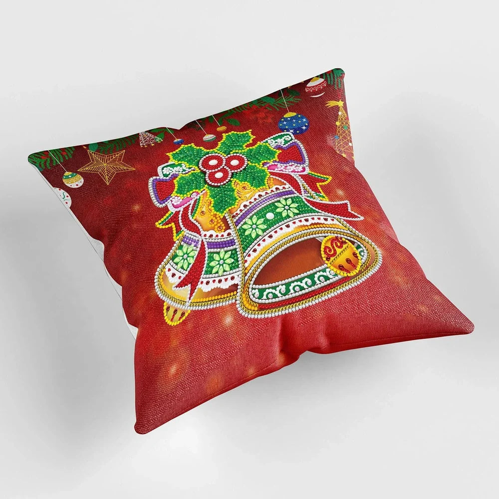 Handmade mandala pattern cushion cover with diamond painting accessories on wooden table